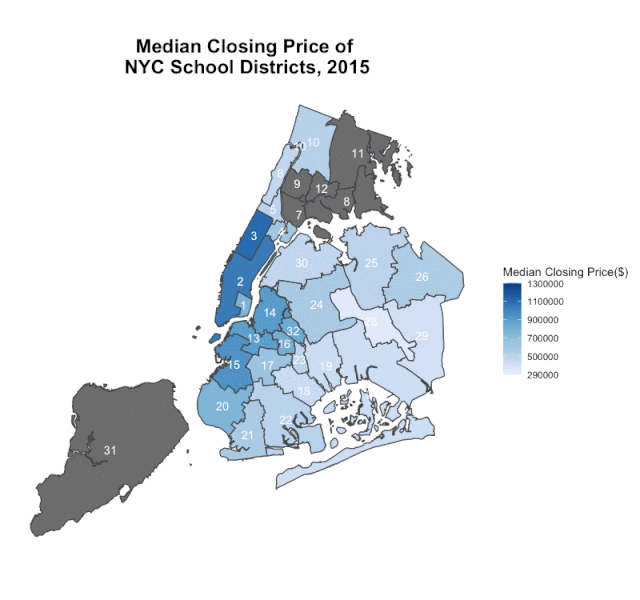 2015-2019纽约学区房屋过户价格中位数