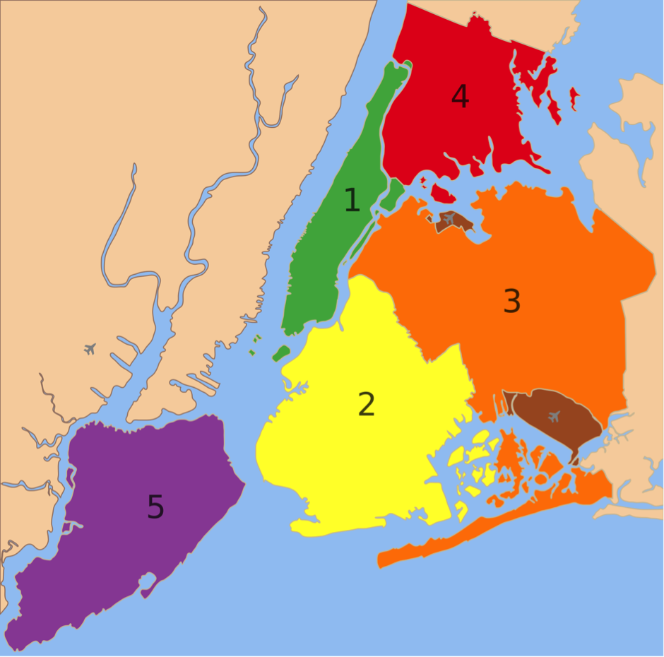 纽约市行政规划：1曼哈顿 2布鲁克林 3皇后区 4布朗克斯 5史坦顿岛