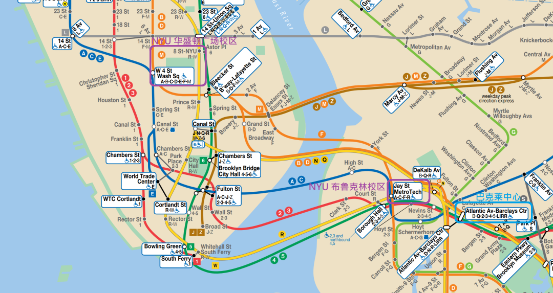 NYU纽约大学布鲁克林校区交通地图