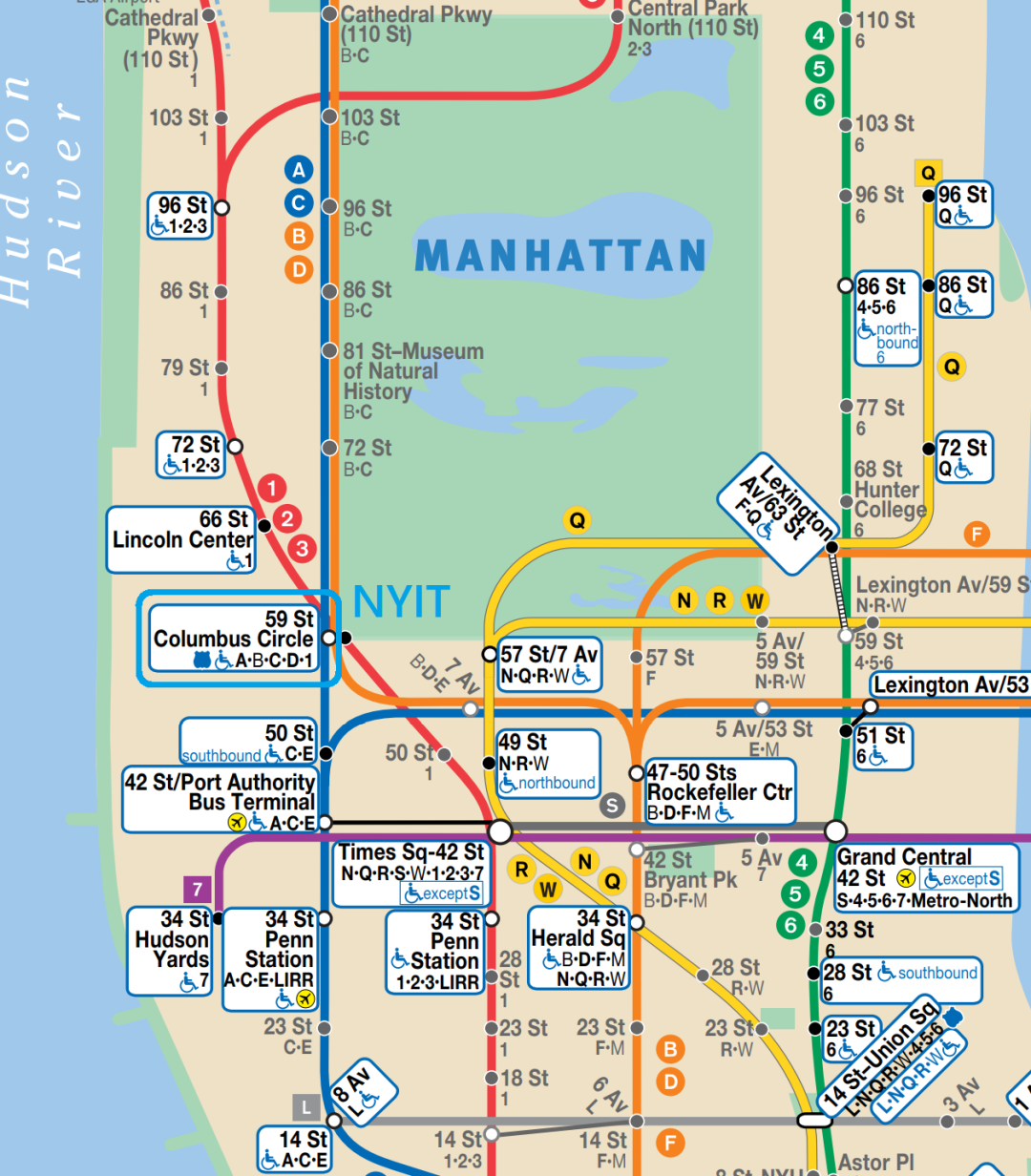 纽约理工大学（NYIT）纽约校区的交通地图
